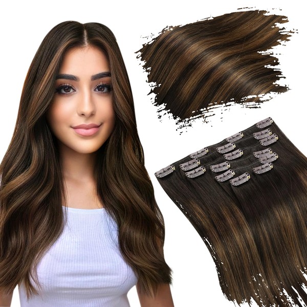 Ugeat Clip-In Real Hair Extensions Balayage 35 cm 120 g Dark Brown to Chestnut Brown Double Weft Real Hair Extension Clips Full Head Hair Extensions Real Hair Clip 7 Pieces #2/6/2