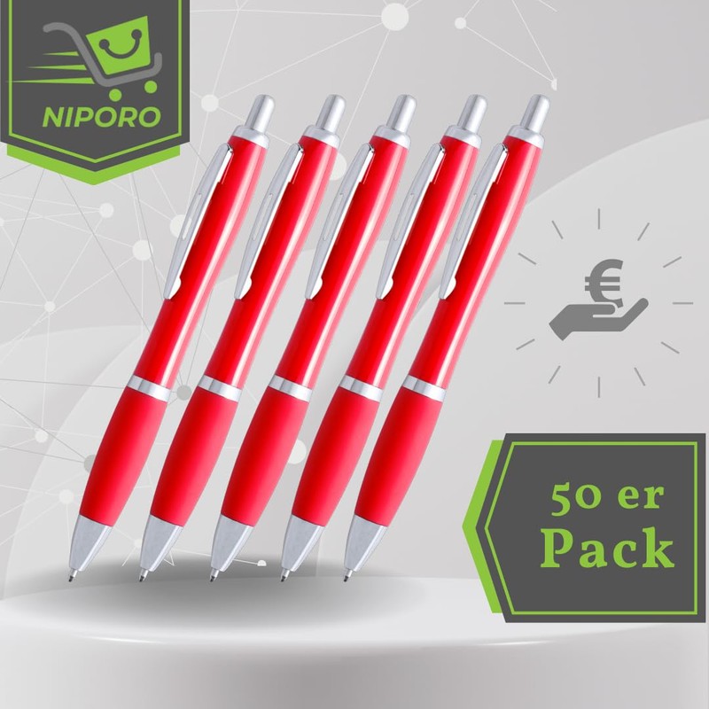 NIPORO 50 Ballpoint Pens Black Ergonomic with Non-Slip Grip Zone