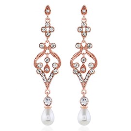 Soyzvteo 1920s Flapper Pearl Earrings Great Gatsby Pearl Tassel Earrings Vintage Cubic Zirconia Art Deco Dangle Earring for Women Wedding Party, Metal, No Gemstone, Silver