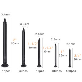 OMOTOOL Brick Steel Nails Assortment Kit (350 pcs), Galvanized Concrete Wall Nail for Hanging Pictures and Woodworking, Cement Nails Suit for Drywall and Pine，5 Size Assortment (Black)