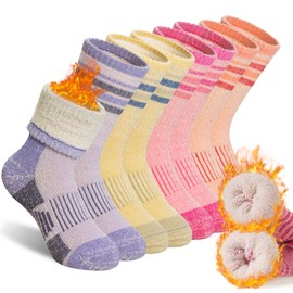 SeeyAN Kids Merino Wool Hiking Socks Boys Girls Thermal Winter Warm Boot Toddlers Thick Cushion Socks 4 Pairs (4 Pairs Colorful Stripe, 4-7 Years)
