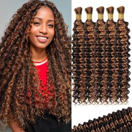 Ombre Honey Blonde Brown Human Braiding Hair for Boho Braids 160g 5 Bundles/Pack 18 Inch Curly Boho Hair for Braiding Knotless 12A Deep Wave Bulk Bohemian Color P4/30