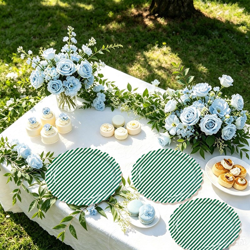 30Pcs Green Striped Paper Plates, Scalloped, Minimalist, 9 In