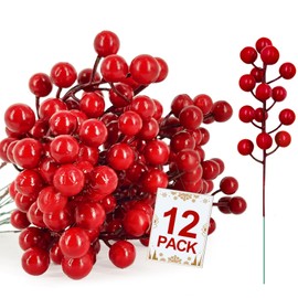Grandeal 12 Pack Red Berry Stems Holly Berry Picks Christmas Tree Picks Sprays Branches Artificial Fruit Christmas Tree Decorations Wreath DIYs Crafts Floral Arrangement Vase Wedding Xmas Home Decor