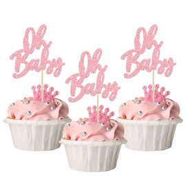 24 piezas Oh Baby Cupcake Toppers con purpurina para baby shower para revelar género, baby shower, niños, niñas, fiesta de cumpleaños, decoración de pasteles, color rosa claro