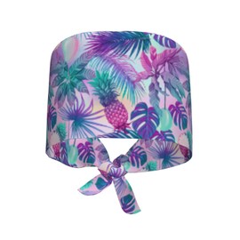 Blue Tropical Plants, Pineapples, Flowers Breathable Scrub Hat for Nurses & Doctors Adjustable Working Cap with Moisture-Wicking Fabric
