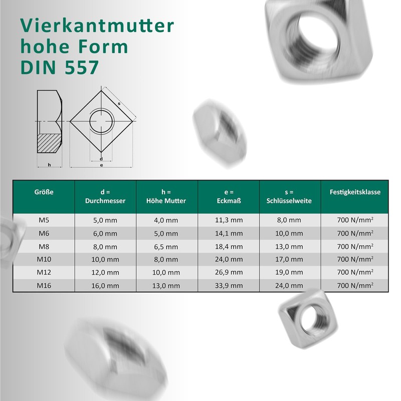 DSM Square Nuts M8 According to DIN 557, Regular Shape,