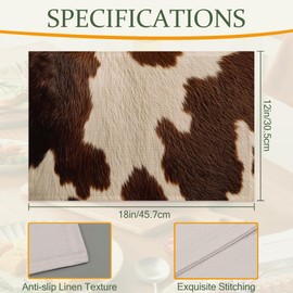 Cow Skin Print Table Placemats Set of 6,Non-Slip Brown Fur Fabric Placemats for Dining Room Kitchen Party Holiday, Indoor Cloth Table Mats for Home Decor 11.8x17.7 Inch
