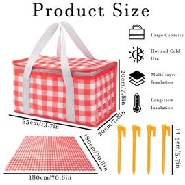 Insulated Picnic Bag with Leakproof Liner Foldable Reusable Cooler Basket Includes Disposable Picnic Mat Sturdy Handle Ideal for Outdoor Activities Travel Beach Camping (Red)