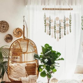 Boho Wall Decor Artificial Eucalyptus Bathroom Decor Fake Eucalyptus Plants Greenery Leaves with Wooden Bead Garland on Stick Rustic Farmhouse Home Decorations for Bedroom Living room Nursery Kitchen