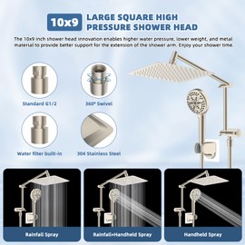 All Metal Rain Shower Head, 10” High Pressure Rainfall Shower Head with Handheld, 5" Large Handheld Showerhead Powerul Wash 10-Spray, 16" Shower Extension Arm Adjustable Height/Angle, Brushed Nickel