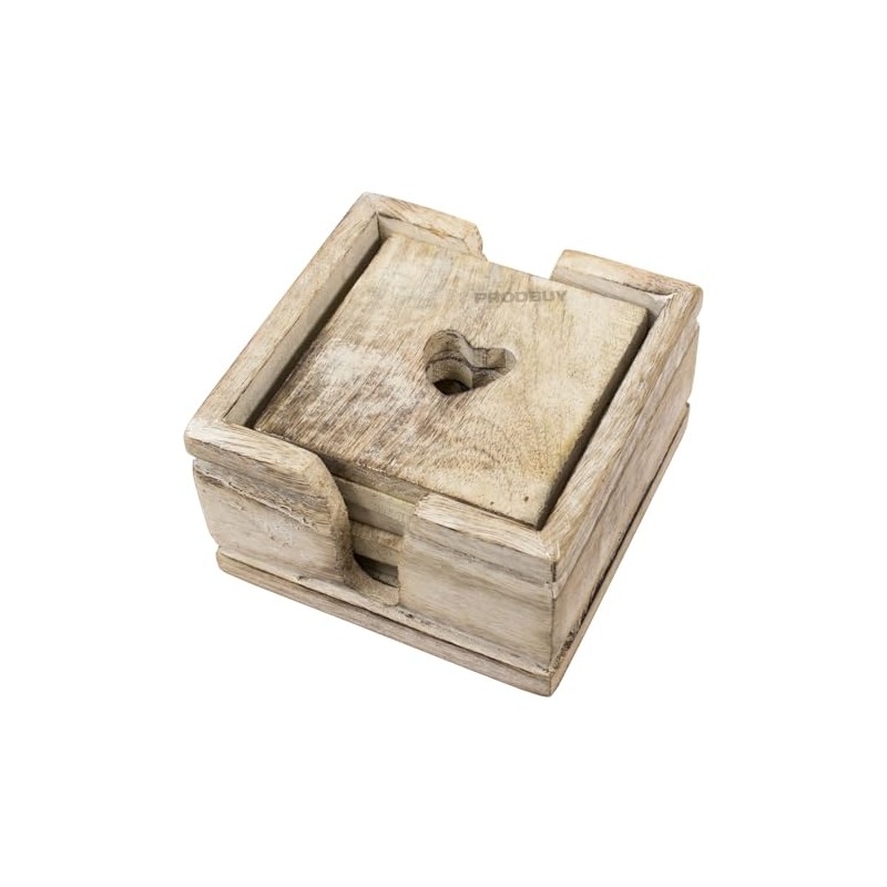 Set of 6 Square Heart Wooden Drinks Coasters with Holder