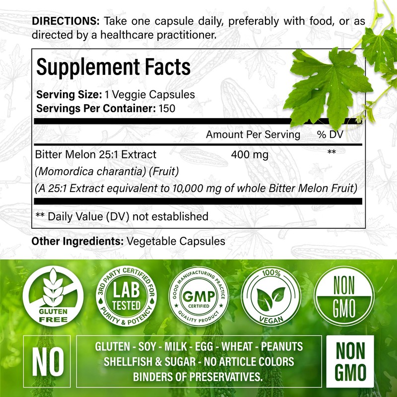 Bitter Melon Capsules| 150 Vegan Capsules| 150 Days Supply| 10,000mg