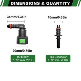 Japtend Fuel Line Quick Connect Fittings, 2 Sets Fuel Line Hose Release Connect Fittings Include 90 Degree Elbow Pipe Connector SAE 7.89mm to ID 6mm