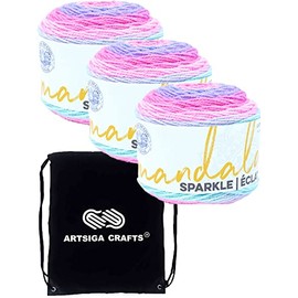 Lion Brand Knitting Yarn Mandala Sparkle Draco 3-Skein Factory Pack (Same Dye Lot) 527-313 Bundle with 1 Black Project Bag