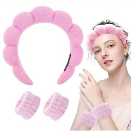 HKOVNE Spa Headband and Wristband Set for Women,Terry Cloth Sponge Headband for Washing Face,Makeup,Facial Mask and Skincare (Pink, One Size)