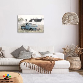 Farmhouse Old Truck Canvas Wall Art, Old Barn Pictures Wall Art, Country Vintage Pickup Truck Canvas Prints, Blue Truck With White Petunias Art Prints for Country Farmhouse Decor 24x36 Inches