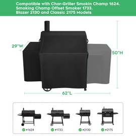 EZ-DONGTENG Heavy-Duty 600D Grill Cover fits for Char-Griller Smokin Champ 1624、Smoking Champ Offset Smoker 1733、Blazer 2130 and Classic 2175,Expansion Sleeves fit Around Side fire Box and Flue