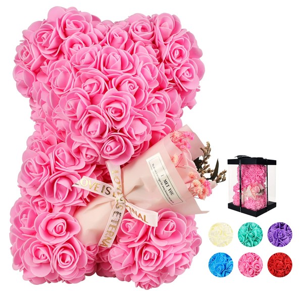 Mothers Day Rose Gifts from Daughter for Women Rose Bear,Handmade Flower Bears, Never Wither Roses Valentines Gifts for Mom,Birthday Gifts for Girlfriend,Romantic Gifts for Her,Rose Box Gifts（Pink）