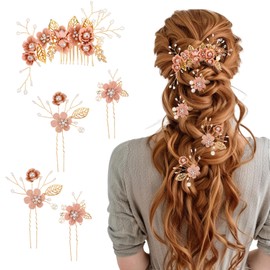 YBEATY 5 PCS Pink Bridal Flower Wedding Hair Pins Crystal Pearl Hair Combs Clips Flower Headpiece Rhinestone Gold Wedding Hairs Accessories Vintage Hairs Accessories Clips for Brides Bridesmaids Women