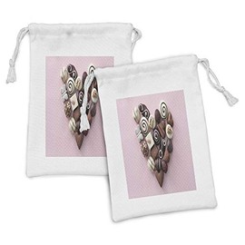 Ambesonne Chocolate Fabric Pouch Set of 2, Chocolate Candies Heart Shape Composition on Pink Backdrop for St Valentines Day, Small Drawstring Bag for Toiletries Masks and Favors, 9" x 6", Multicolor