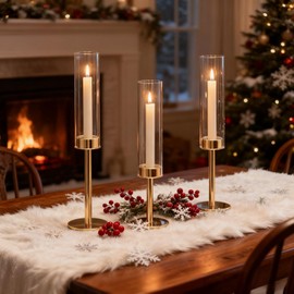 Gold Hurricane Candle Holders Set of 3, Tall Metal & Windproof Glass Taper Candle Holders, Outdoor/Indoor Table Centerpieces for Weddings, Christmas, Parties, Fireplace Decor