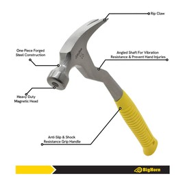 Big Horn 15111 16 Oz Magnetic Cap Nail Roofing Hammer – One-Handed Nail Placement with Magnetic Face – Single-Piece Forged Steel, Ergonomic Non-Slip Grips – Roofing, Dry-In, House Wrap