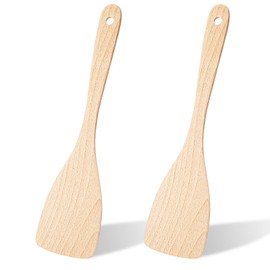 Qianyu 2 Pcs Wooden Spatula Uncoated Beech Wood Turners Non-Scratch Flat Frying Spatula Kitchen Spatulas Utensil Set 13 Inch Handmade Cooking Scraper for Non Stick Cookware Utensils Eggs Fish Pancakes