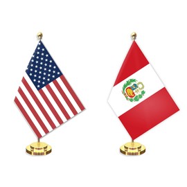 2 Pack Peru American Desk Small Flag Set,5×8 Inch Peruvian Mini Desktop Table Banner,12" Metal Solid Pole Decor,Tiny Digital Printed Polyester Banner With Golden Base