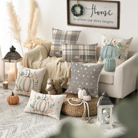 AVOIN colorlife Hello Fall Hello Pumpkin Throw Pillow Covers, 20 x 20 Inch Autumn Thanksgiving Harvest Eucalyptus Decorations for Sofa Couch Set of 4
