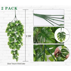 WEFUNXJ Artificial Hanging Plants 2 Pack, Fake Hanging Monstera Leaves Ivy Vine Faux Greenery Tropical Palm Leaves Hanging Plants UV Resistant Jungle Leaf Plant for Garden Home Christmas Décor
