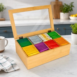 Caja Organizadora Te 8 divisiones Madera de Bambu Diseño Minimalista Compacto Multifuncional Almacenamiento Tisanas Clasificacion Cocina