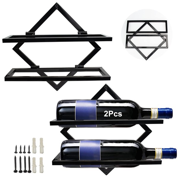AUHOKY 2Pcs Metal Wall Mounted Wine Holder, Upgrade Foldable Hanging Wall Wine Rack Organizer for 2 Liquor Bottles, Red Wine Bottle Display Hanger with Screws for Home Kitchen Bar Wall Décor…