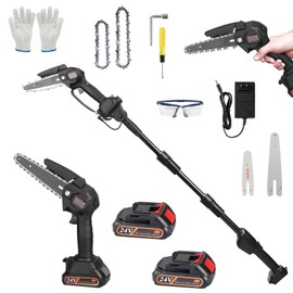 2-in-1 Cordless Pole Saw, Brushless Mini Chainsaw with Adjustable Extension Pole, 21V Electric Pole Chainsaw w/2 Batteries, 4-Inch & 6-Inch Chains,13.5FT Max Reach for Tree Trimming & Branch Cutting
