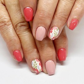 24Pcs Flower Press on Nails Short Fake Nails Pink Glue on Nails Red Floral Artificial Nails Spring Cute False Nails Glossy Square Coffin Acrylic Stick on Nails for Women Girls Manicure Tips