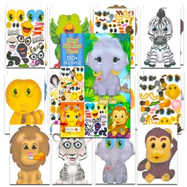 24 Pc Make-a-Face Sticker Sheets, Zoo Animals 5" x 7" Mix and Match Funny Books, 150+ Party Favors, Kids Supplies | Cute Jungle Creatures Make Your Own Face Designs