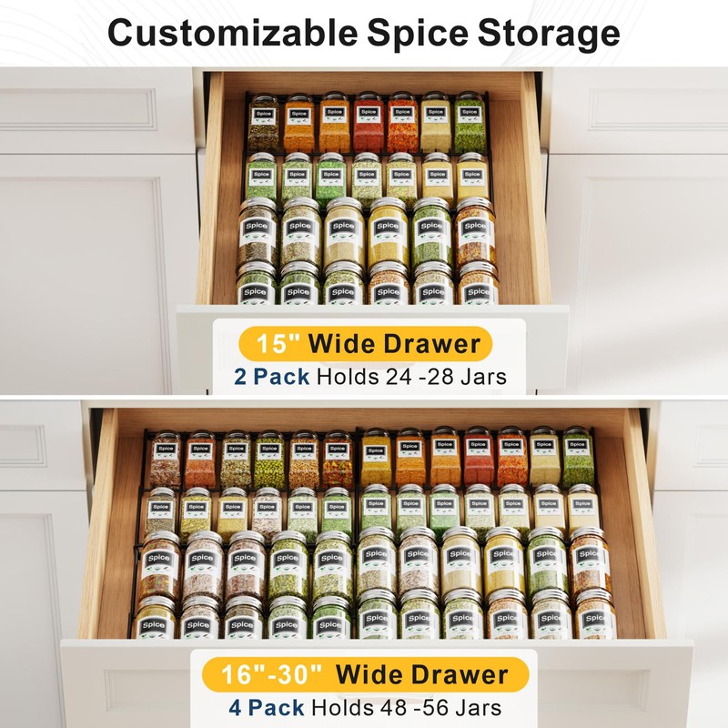 iSPECLE 4 Pack Spice Drawer Organizer - Low Profile Rack
