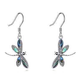 Dragonfly Earrings S925 Sterling Silver Dragonfly Abalone Shell Dangle Drop Earrings Dragonfly Jewellery for Women, Silver