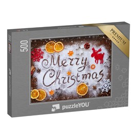 puzzleYOU: Jigsaw Puzzle 500 Piece Merry Christmas: Text from Flour with Decorations - From the Christmas Puzzle Collection