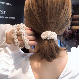 Prosy Pearl Hair Bobbles Champagne Elastic Hair Bobbles Stretchy Hair Bands Beads Hair Ropes Hair Accessories for Women and Girls (Pack of 3)