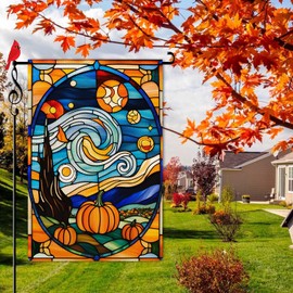 Lorugekyu Fall Pumpkins Garden Flag Autumn Starry Night Small Flag for Outside Stained Glass Style Burlap Double Sided Welcome Yard Lawn Decor 12.5x18"
