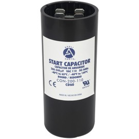 Appli Parts motor start capacitor 200-240 Mfd (microfarads) uF 110-125VAC universal fit for electric motor applications 1-7/16 in Diameter 3-3/8 in Height CON-200-110