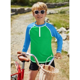BesserBay Boys' Long-Sleeved Stand-Up Collar UV Shirt 1/4 Zip Rash Guard UPF 50+ Children 110-150, blue and green, 130
