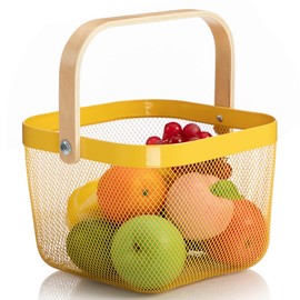 Ymeibe Mesh Steel Storage Organizer Basket Fruit Basket Bin with Wood Handle Ideal for Kitchen Bathroom Picnic Pantry Cabinets Storage Home Decor (Lemon Yellow)