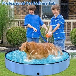 Thecvia Foldable Dog Pool, Hard Plastic Kiddie Pool for Toddlers 1-3 Years Old, 48" Blue Pet Bathing Tub, Swimming Foldable Pool for Kids Backyard, Doggie, Kitty