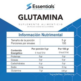 Glutamina Monohidrato 500 g | 100 porciones 100% pura Libre de azucares añadidos e ingredientes adulterados. | Essentials Innovation