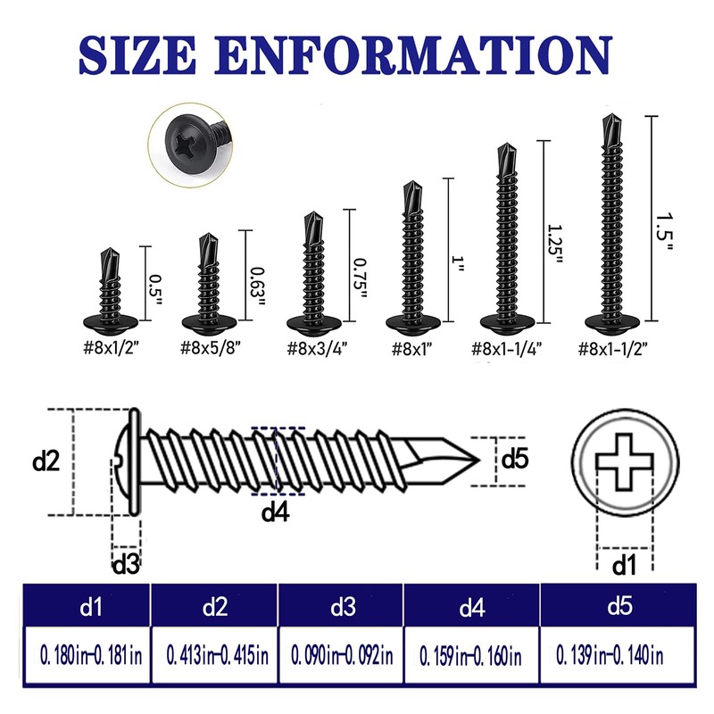 ZAMBASE 100PCS #8x1 Black Crosshead 410 Stainless Steel Self-Drilling Screws