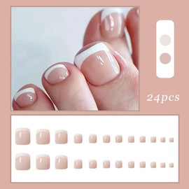 24Pcs French False Toenails, Flesh Pink Stick on Toenails Fake Toenails Tip Press on Toe Nails, 12 Sizes Artificial Acrylic Toe Nails for Women Girls Daily Nail Art