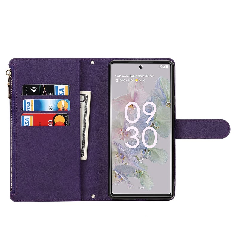 for Pixel 6A Zipper Wallet Case with Crossbody Wrist Strap