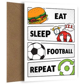 Football Birthday Card for Son Adult Grandson Boy - Eat Sleep Football Repeat - Gaming Birthday Card for 10 Year Old Boy, 11th, 12th, 13th, 14th, 15th, 16th